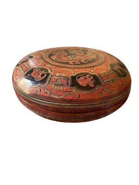 Vintage Burmese Handcrafted Lacquerware Box With Intricate Phoenix Design 7" Dia